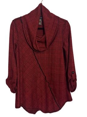 Ali Miles Size X-Small Red Black Houndstooth Cowl Blouse Top Lagenlook Artsy